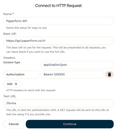 Example of HTTP Request for Paperform in Stepper.
