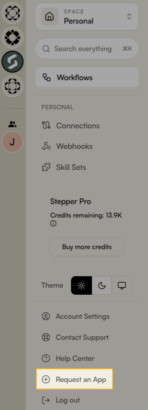 Navigation Menu with Request an App option highlighted.