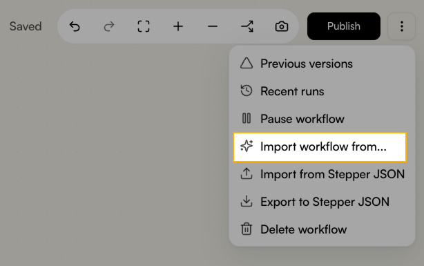 Import workflow from... option highlighted from editor screen.