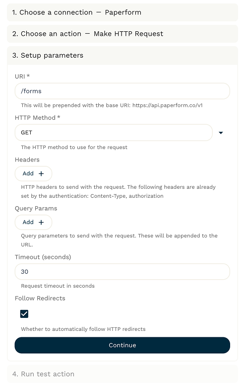 Paperform Make HTTP Request Stepper example.