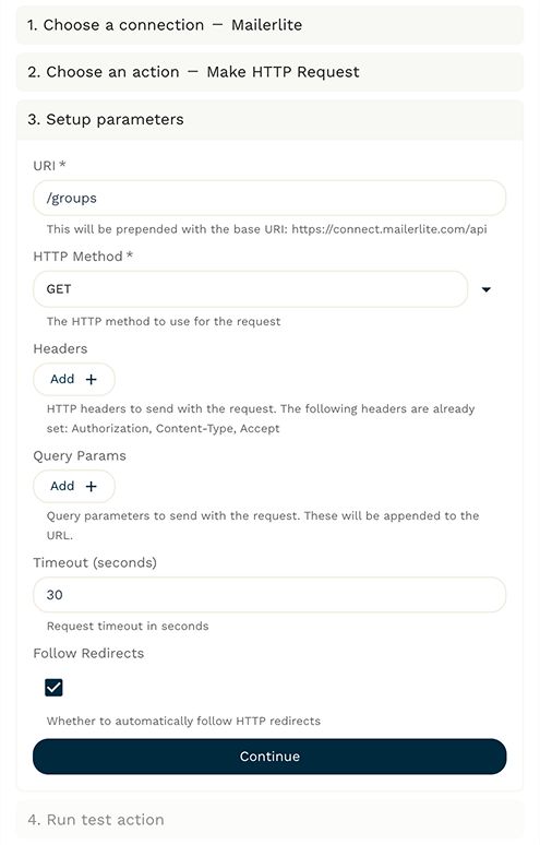 Example of making an HTTP Request action for MailerLite.