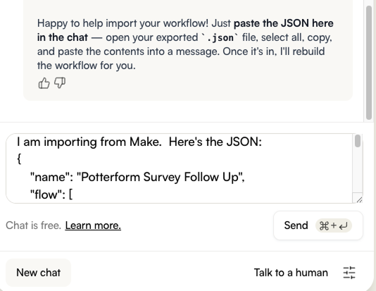 Example chat with JSON pasted into the prompt.