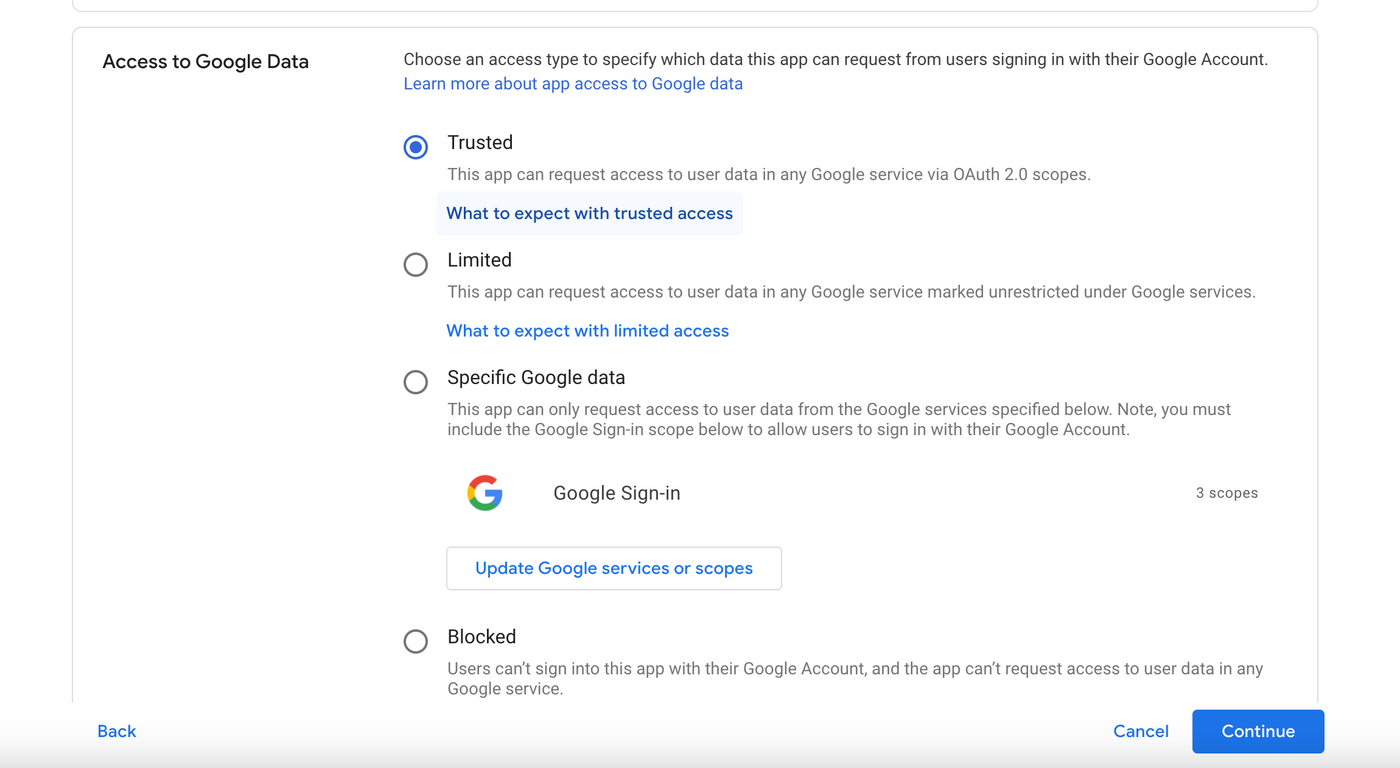 Screenshot showing Trusted selected.