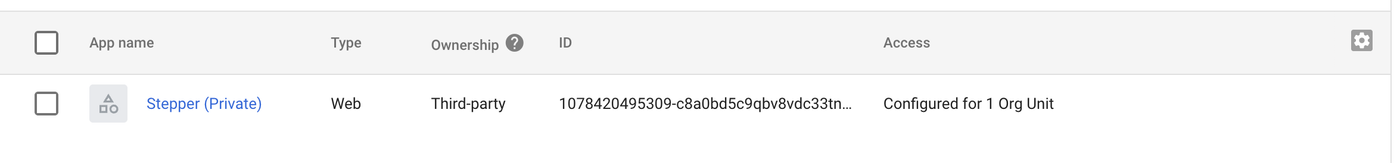 Screenshot showing Stepper set up as private app.