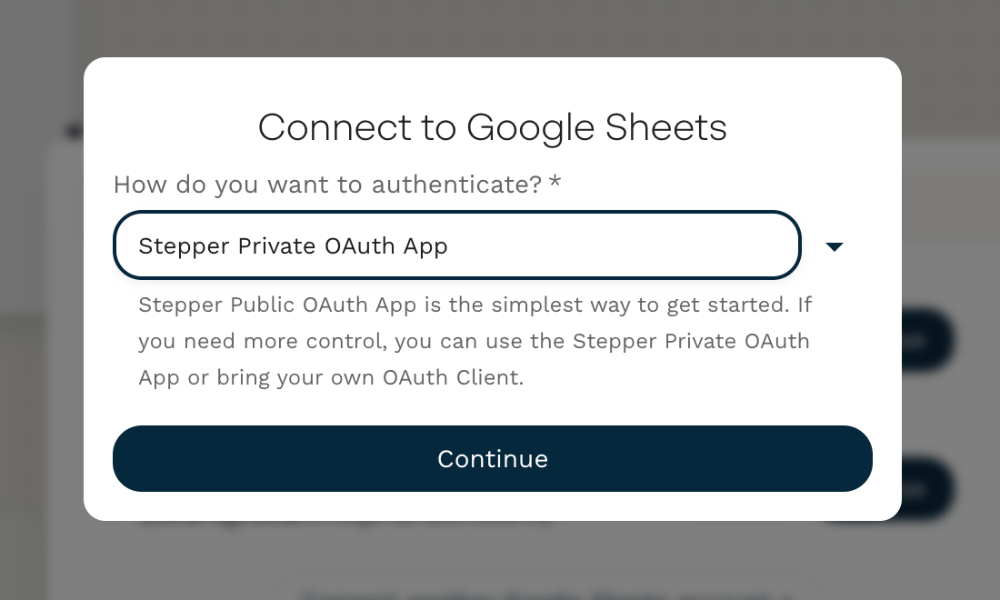 Connect to Google Sheets Stepper Private Oauth App showing up.