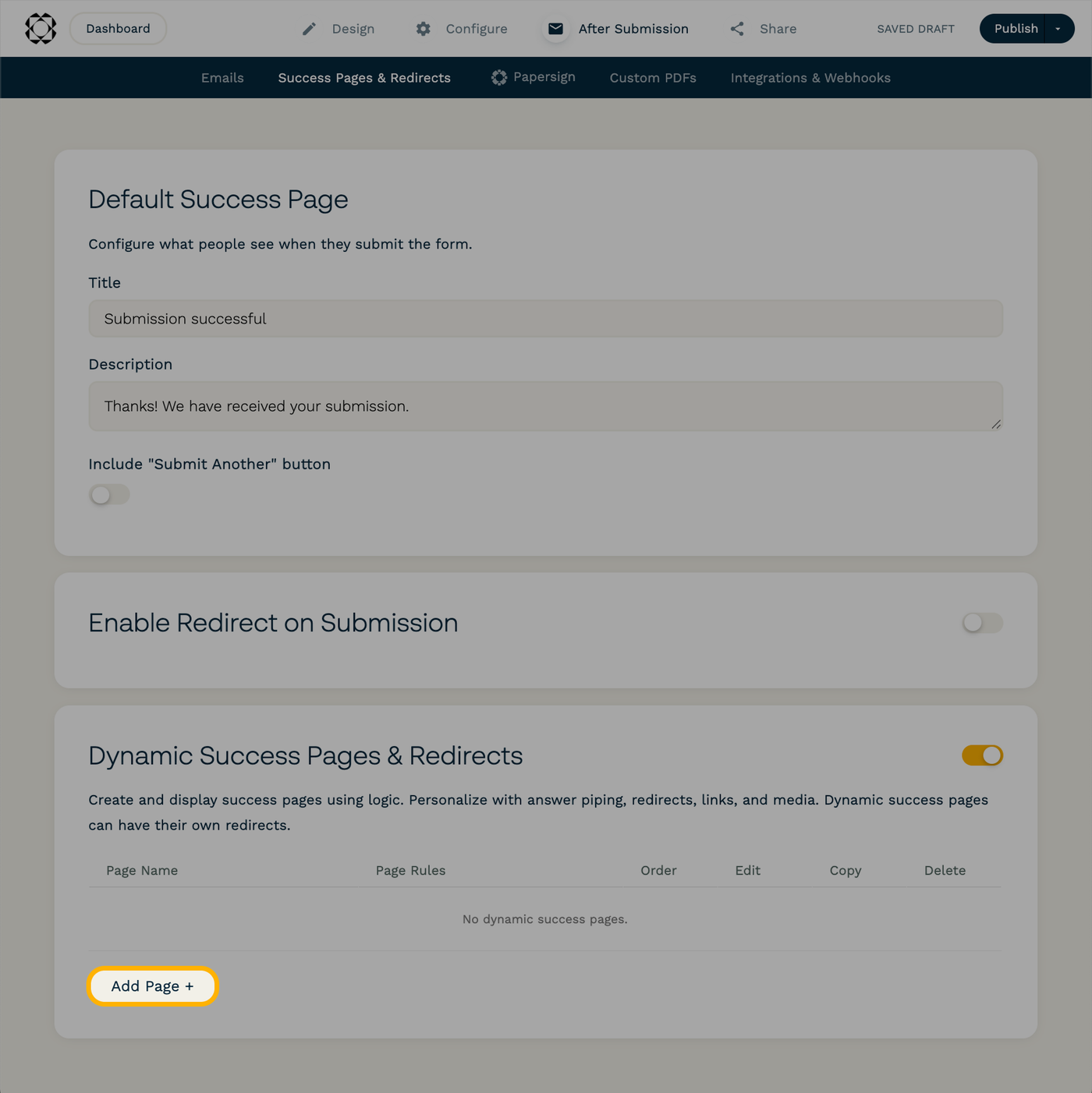Screenshot of the "Add Page +" button, under After Submission → Success Pages & Redirects → Dynamic Success Pages & Redirects, in the Paperform editor.