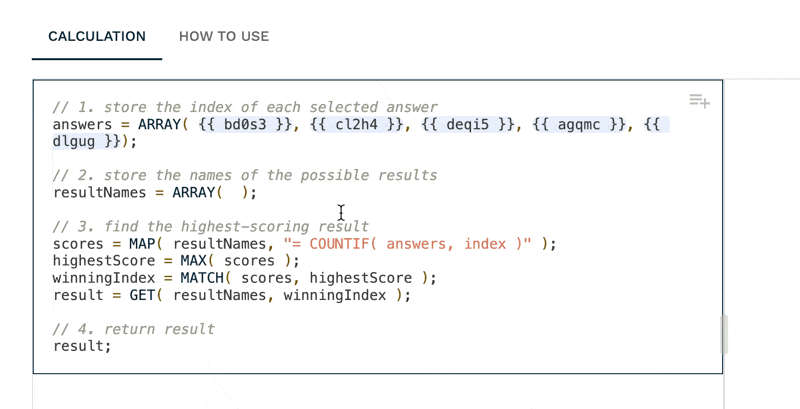 Animated GIF of the calculation editor. Continuing from the previous GIF, the text .selectedIndex is added after each question ID.