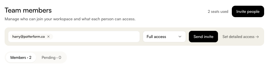 Screenshot of options when adding a new teammate