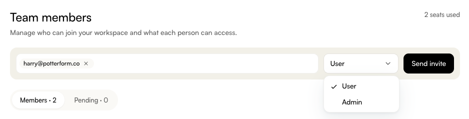 Screenshot of inviting Platform Team member.