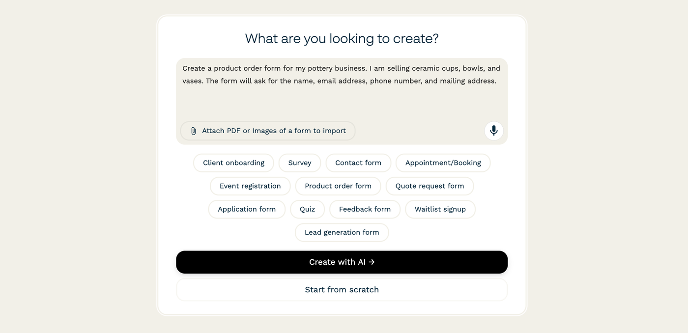 AI Prompting field and suggested AI form creation buttons