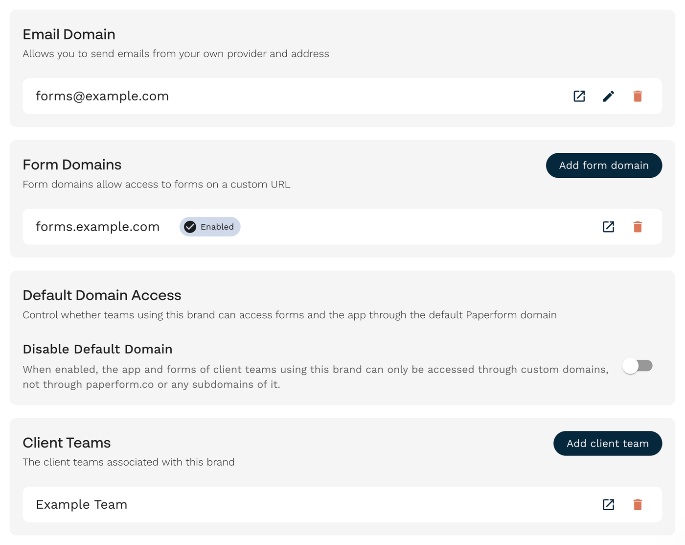 You can choose which configured domains to use for each Brand and whether teams can still log in at paperform.co in addition to your app domains.