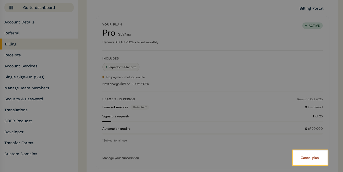 Image highlights Paperform Platform's "Cancel Plan" button