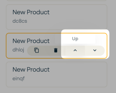 Control buttons to change the order/ appearance of products.
