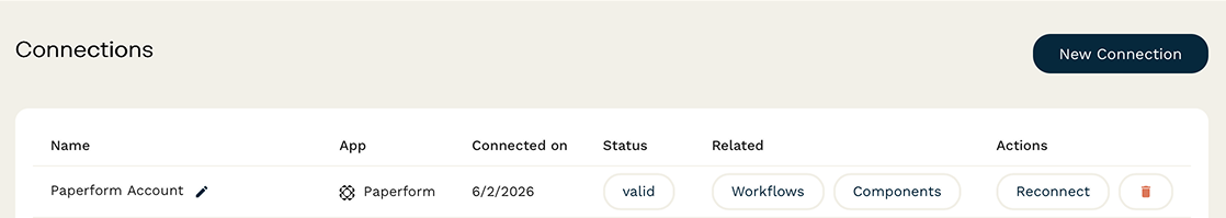 Screenshot of the Connections page showing a valid Paperform account connected.