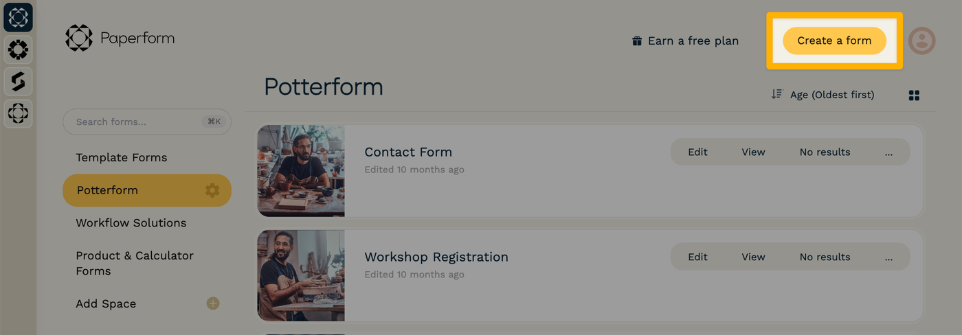 Screenshot of the upper section of the Paperform Dashboard. The "Create a form" button sitsin the top-right corner, and there are several template categories to choose from in the center, under the heading, "What will you make?"