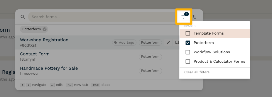 Screenshot of the search menu in the Paperform dashboard, with the "filter" mini-menu opened.