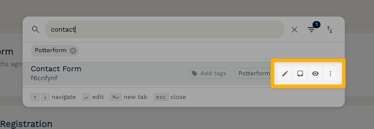 Screenshot of the search menu in the Paperform dashboard, highlighting the buttons to the right of a listed form.