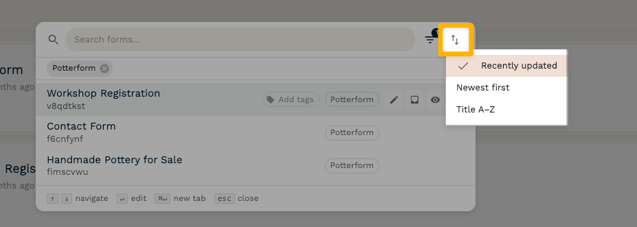 Screenshot of the search menu in the Paperform dashboard, with the "sort" mini-menu opened.