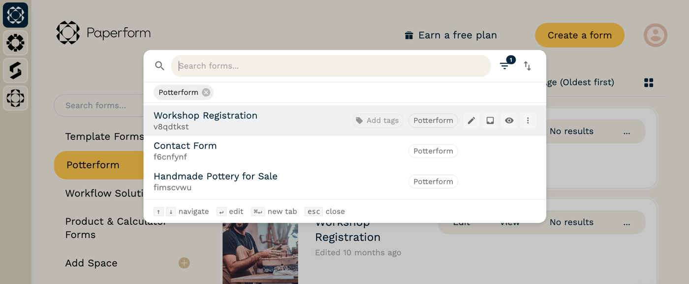 Screenshot of the search menu in the Paperform dashboard