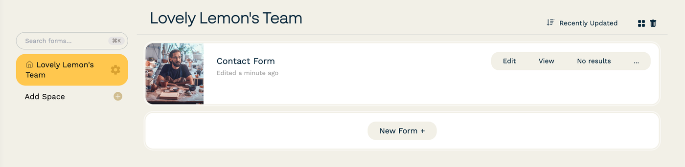 Screenshot of the form list in the Paperform Dashboard. On the left side is the default team workspace, and the option "Add Space".