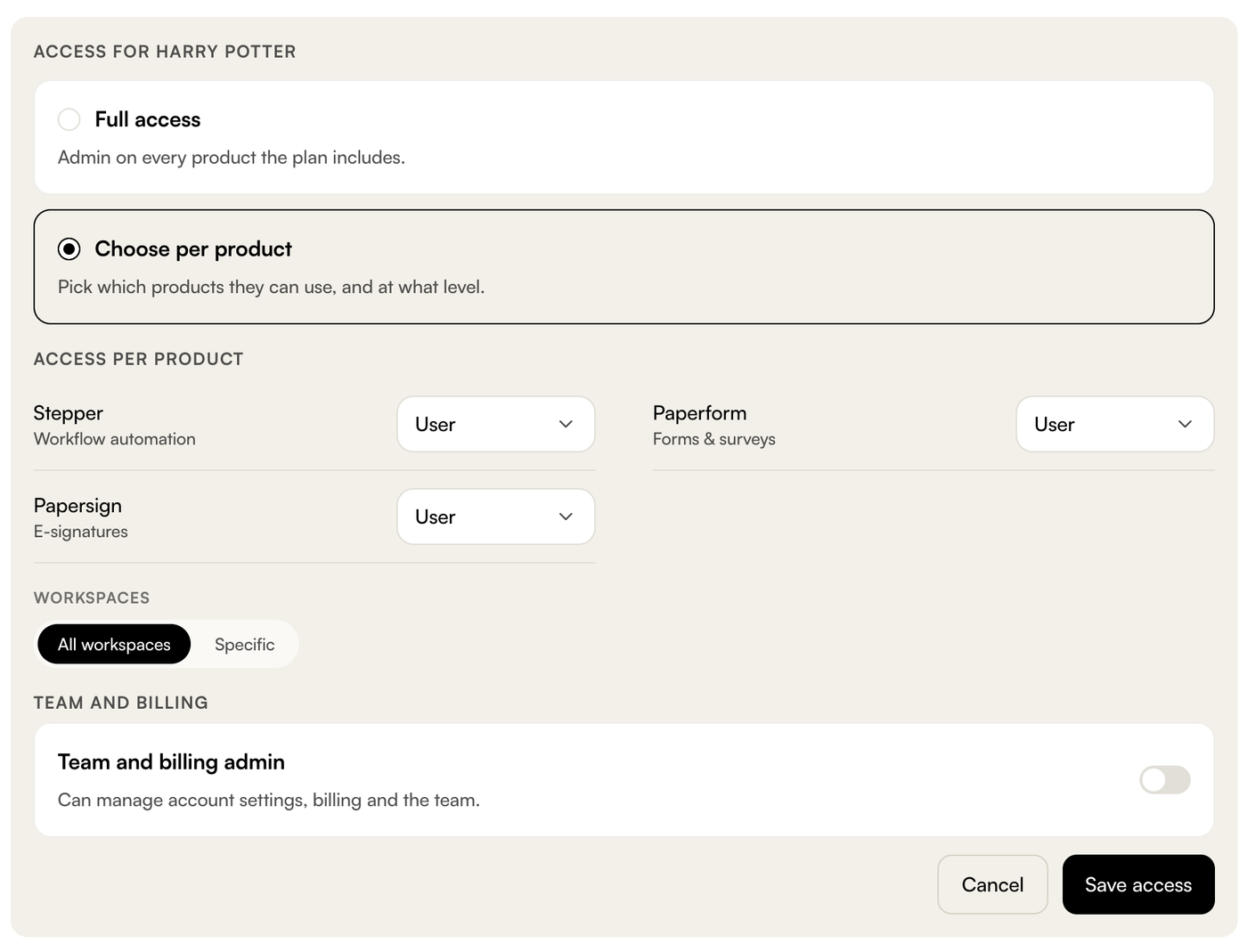 Screenshot of access being edited for Platform team member.