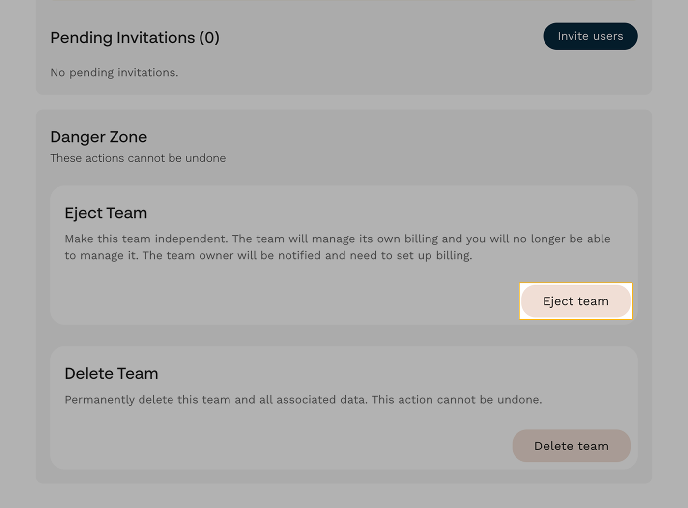 To eject a team, open the client team and click the Eject team button in the Danger Zone towards the bottom of the page.