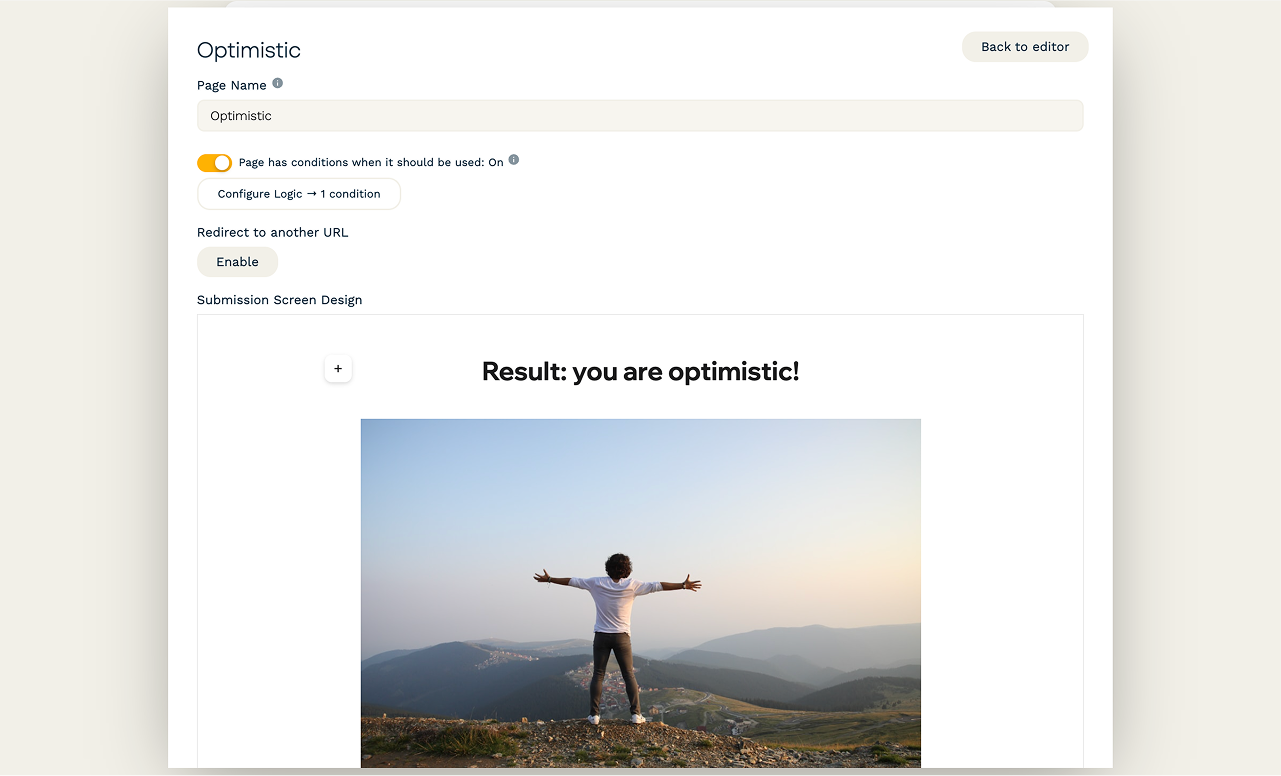 Screenshot of the editor for a dynamic success page. It has a page name, one logic condition configured, and a submission screen design with an image.