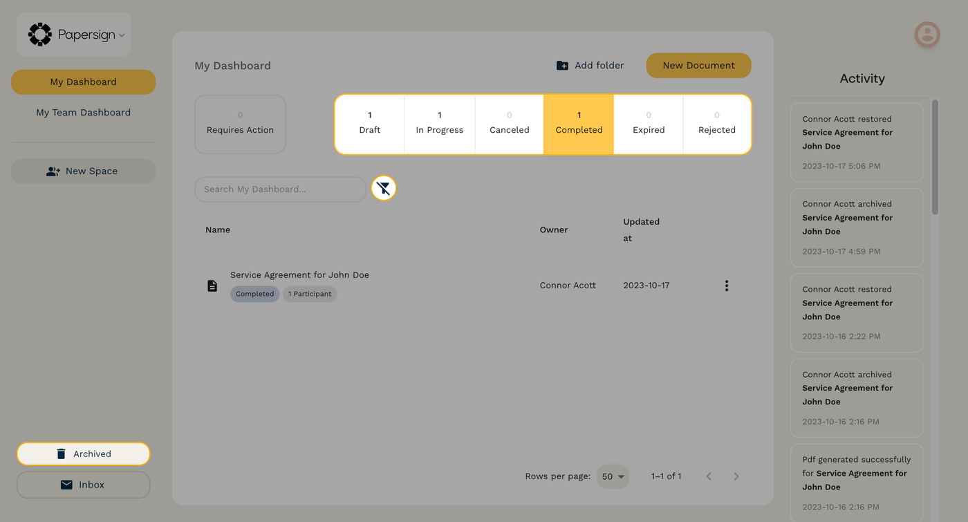 Screenshot of the Papersign dashboard, with focus on the filters (top), clear status button (middle) and "Archived" button (bottom-left).