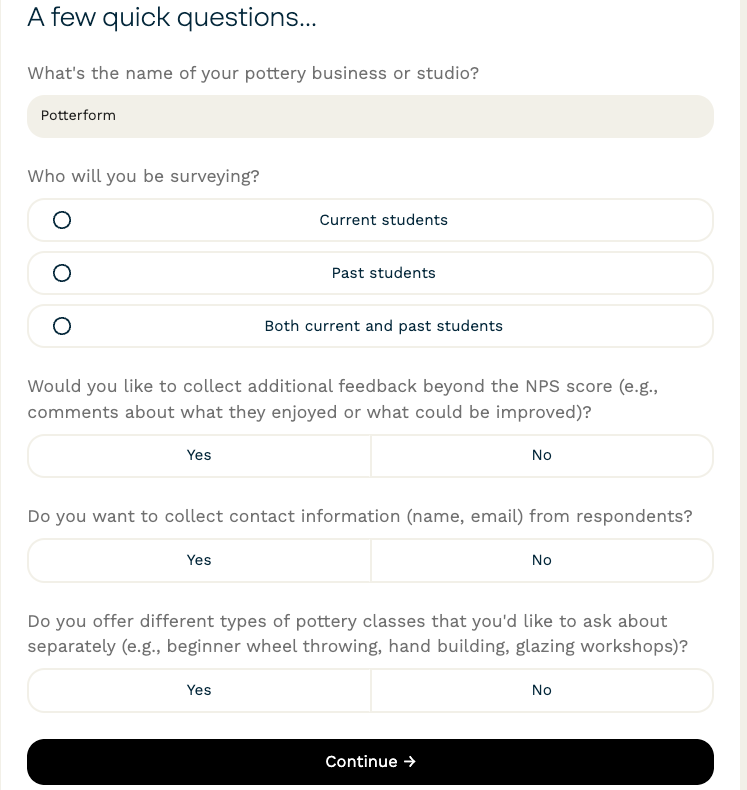 Example of questions from AI Form Creation.