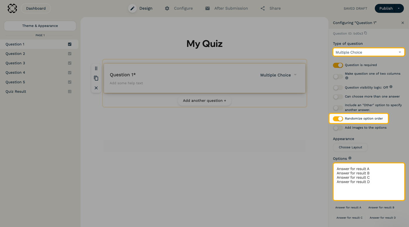 Screenshot of the form editor, with a multiple choice question selected. In the right sidebar, the options are listed in a deliberate order and the setting "randomize option order" is toggled on.