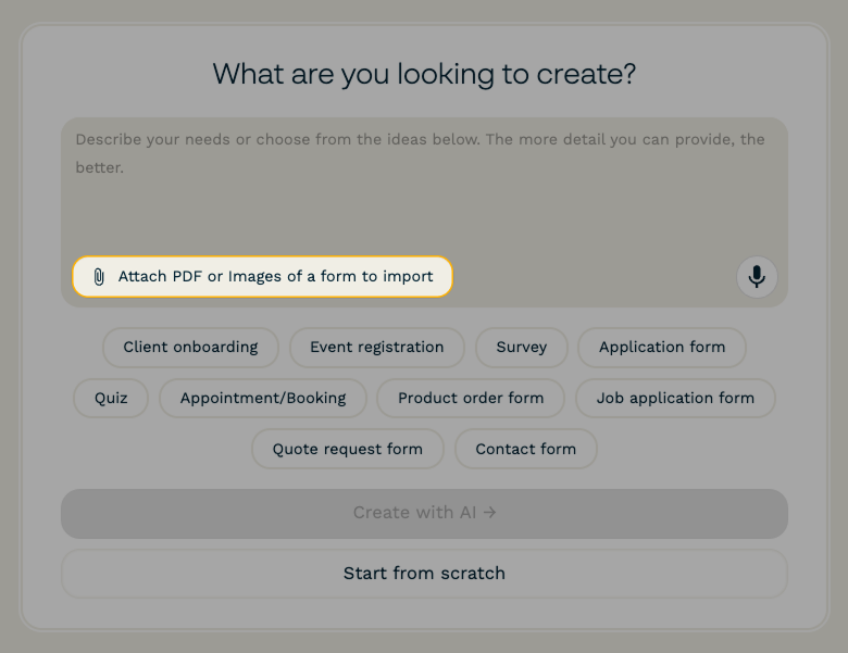 Screencap of the File Upload option for the AI Form Creation page.