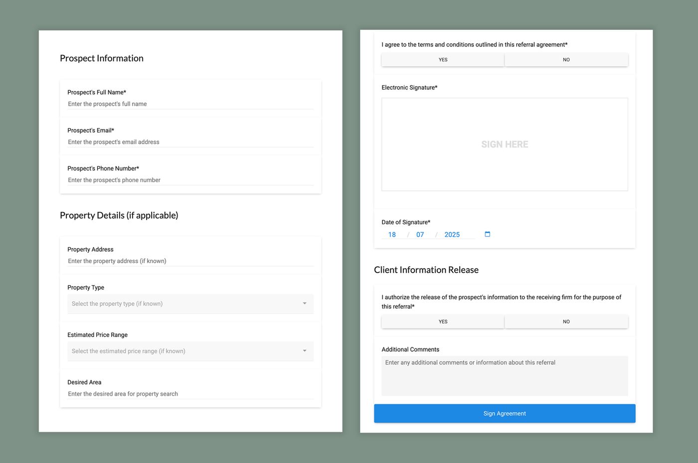 Real Estate client onboarding form with signature on Paperform