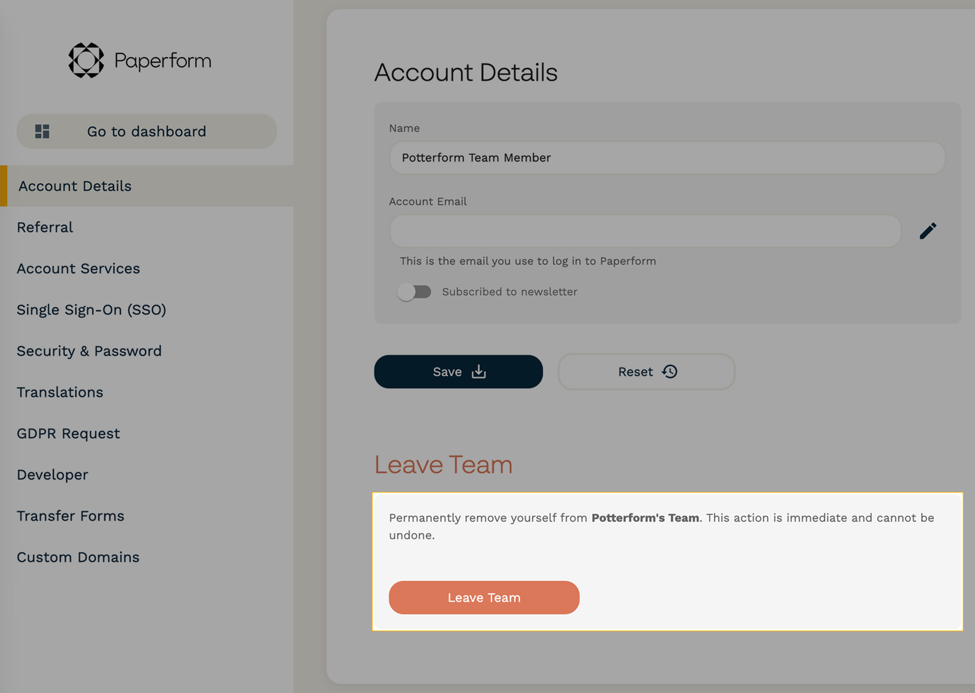 You can leave a team by navigating to Account Settings and clicking Leave Team.
