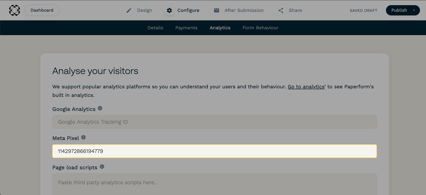 Screenshot of the form editor under Configure → Analytics. The Pixel ID from the previous screenshot is entered under "Facebook Pixel."