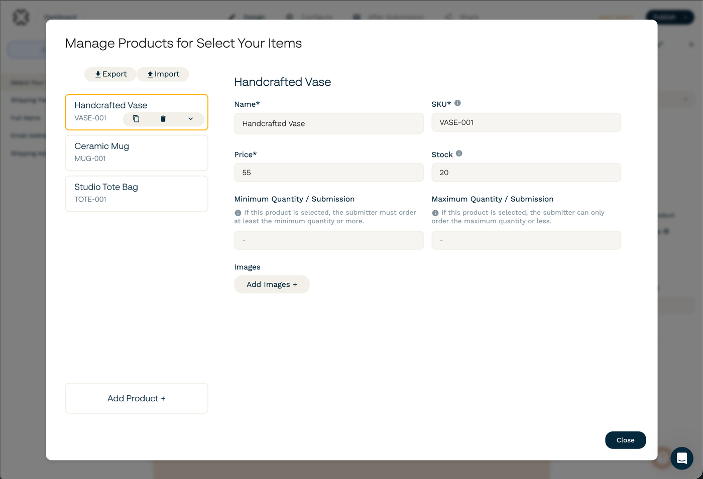 Manage Products panel showing Hand-thrown Vase, Ceramic Mug, and Tote Bag products