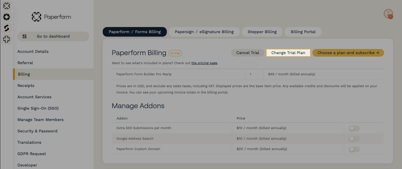 Change Free Trial Plan