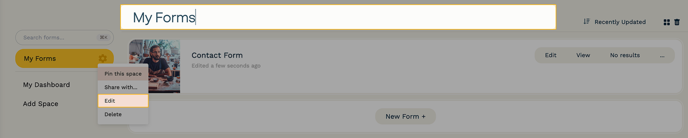 Workspace names can be edited by clicking the cogwheel next to the workspace in the left panel and selecting "Rename" or by opening the workspace and clicking the title.