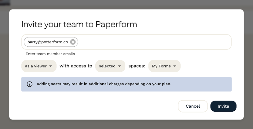 Screenshot of the Invitation to team modal allowing you to specify the new user's permissions.