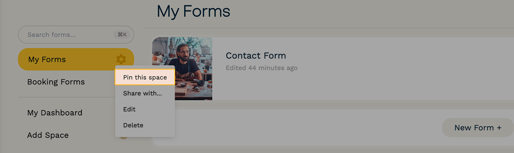 To pin a workspace, click the Cogwheel icon next to its name and select "Pin this space".