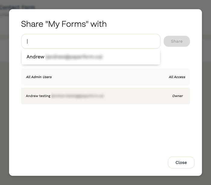 Screenshot of the workspace sharing modal where you enter the user's email address.