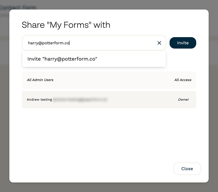 Screenshot of the workspace sharing modal where an non-team member email address prompts the "Invite" button to be displayed.