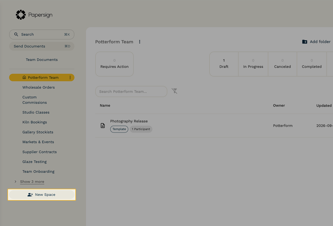 The New Space button appears at the bottom of your list of workspaces in the left sidebar.