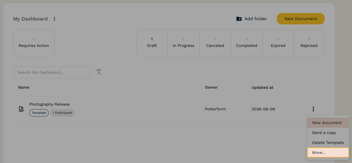 Options menu to the right of the document with the following options: "Make a Copy", "Delete Document" and "Move..." 