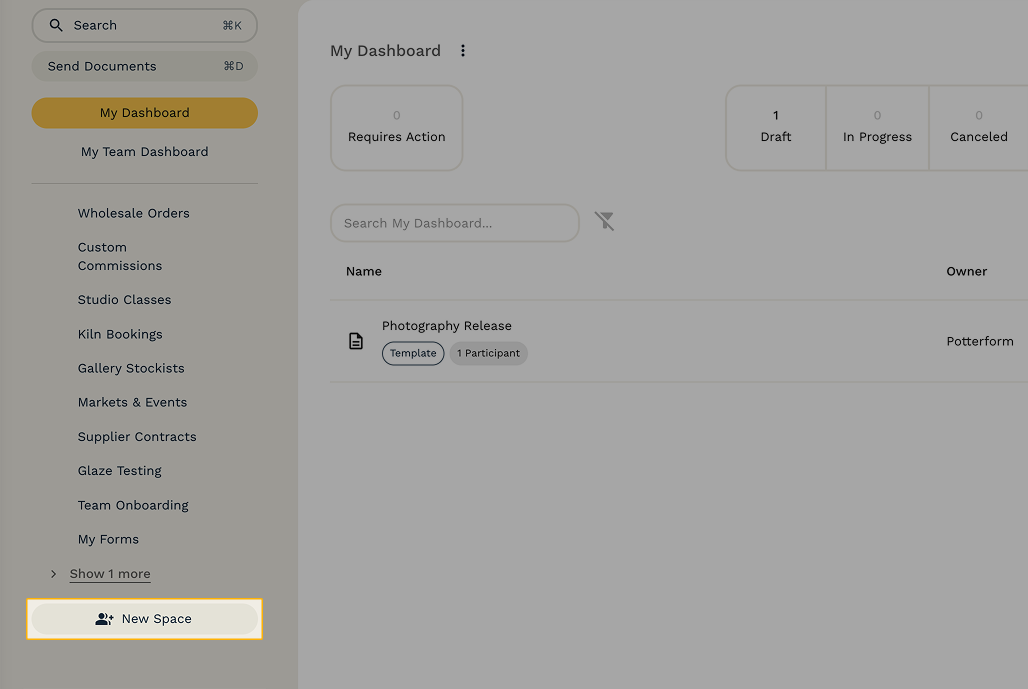 The New Space button appears at the bottom of your list of spaces in the left sidebar.