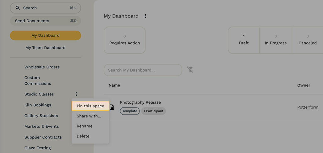 To pin a Space, click the three dots (⋮) next to its name in the left sidebar and select "Pin this space".