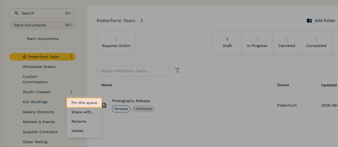 To pin a workspace, click the three dots (⋮) next to its name in the left sidebar and select "Pin this space".