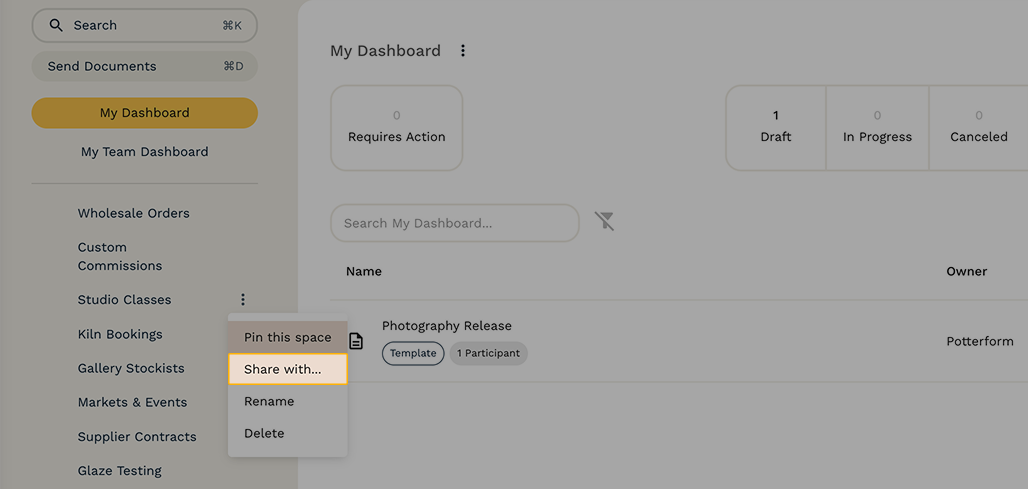 You can set sharing permissions by clicking the three dots (⋮) → "Share with..." next to the Space