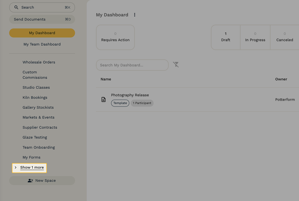 If you have more than 10 Spaces, additional spaces can be accessed by clicking "Show x More" at the bottom of the list of Spaces.
