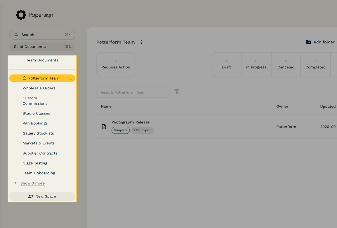 Workspaces are located on the left sidebar of the Papersign Dashboard
