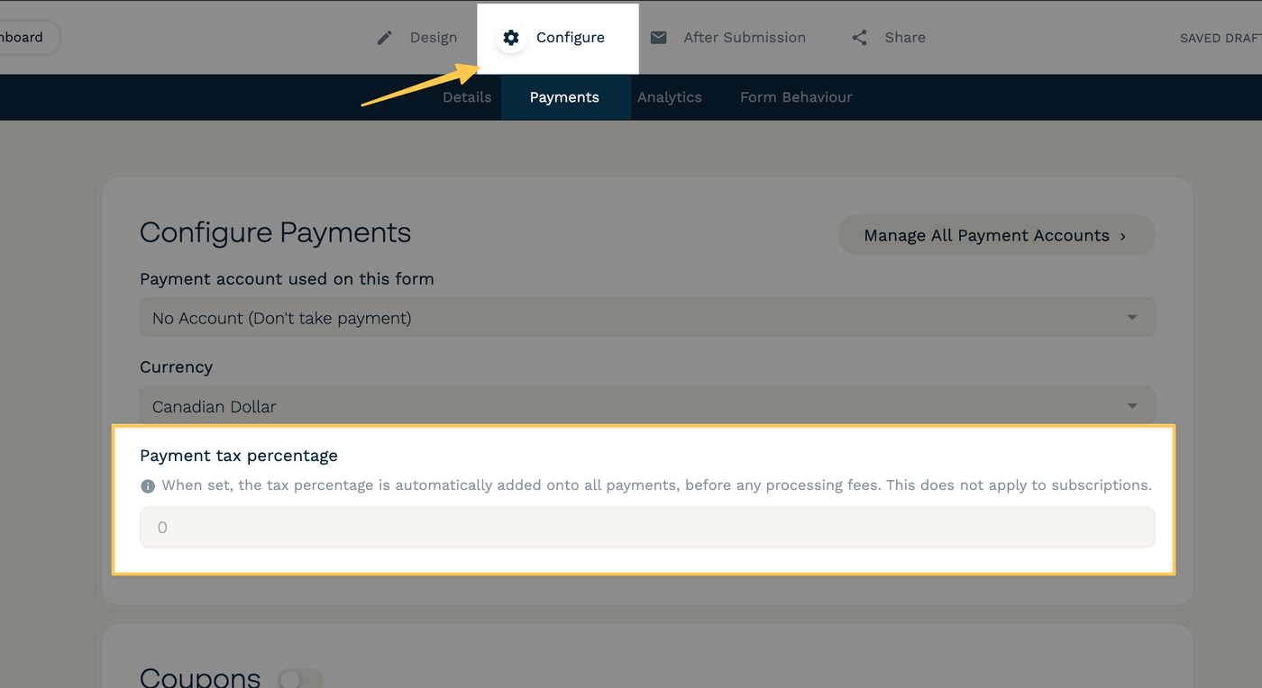 Built-in tax settings under Configure > Payments